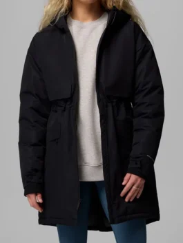 Close-up of Womens Juniper Ridge III Down Parka Coat highlighting fabric texture, stitching, and insulated construction