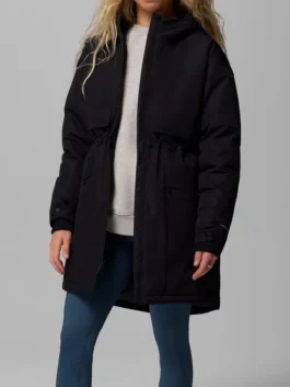 Closure view of Womens Juniper Ridge III Down Parka Coat showing zipper details, stitching, and insulated construction