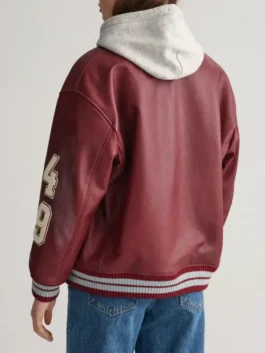 Back view of the Womens Printed Maroon Varsity Jacket highlighting clean real leather paneling and bold graphic prints.
