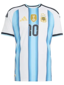 Front view of the blue and white World Cup 2026 Argentina Messi Jersey putting the full Albiceleste Messi identity on bold display