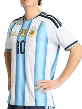 Blue and white World Cup 2026 Argentina Messi Jersey worn by a model showcasing the full fit of this iconic Albiceleste Messi World Cup piece