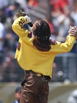 Vibrant yellow real leather Swae Lee World Cup Final Flowerboy Jacket featuring a modern stand up collar and button closure.