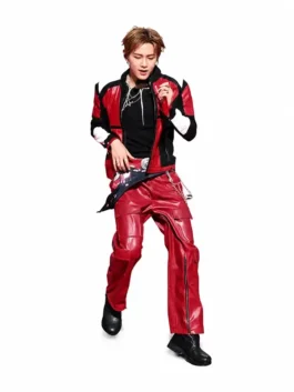Close-up front profile of the multicolor World Cup Halftime Show BTS V Jacket showing the secure zipper closure.