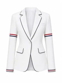 White World Cup Jennifer Hudson Thom Browne Blazer showing the three outside pockets and two secure inside pockets.