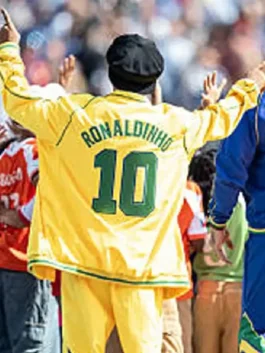 Back view of the yellow World Cup 2026 Final Ronaldinho Jacket showcasing clean tailoring and rib knitted cuffs.