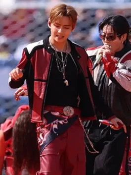 Multicolor PU leather World Cup Halftime Show BTS V Jacket showcasing the premium quality stitching and sleek look.