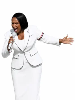 White suiting fabric World Cup Jennifer Hudson Thom Browne Blazer featuring a classic lapel collar and clean button closure.