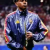 Full front profile of the blue World Cup 2026 Spain Pre Match Jacket showcasing four functional pockets.
