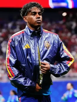 Full front profile of the blue World Cup 2026 Spain Pre Match Jacket showcasing four functional pockets.