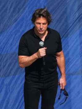 Front view of the World Cup Closing Ceremony Tom Cruise T-Shirt highlighting the neat shirt collar and pullover style.