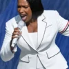 Front view of the white World Cup Jennifer Hudson Thom Browne Blazer highlighting the clean tailored fit and long sleeves.
