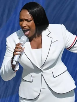 Front view of the white World Cup Jennifer Hudson Thom Browne Blazer highlighting the clean tailored fit and long sleeves.
