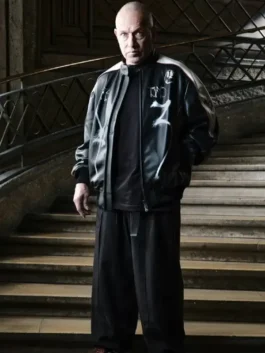 Real leather Y-3 T Skater Mark Gonzales Black Jacket showing functional pockets and premium quality black stitching.