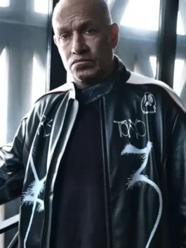 Black real leather Y-3 T Skater Mark Gonzales Black Jacket with a sleek erect collar and a secure front zipper closure.