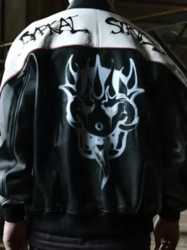 Model view showing the back profile of the real leather Y-3 T Skater Mark Gonzales Black Jacket with white accents.