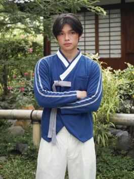 Front view of the Hwarang Hanbok Jacket from YBSY putting the full traditional Hanbok inspired Hwarang warrior design on bold display