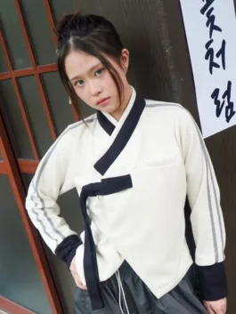 Classic white Hwarang Hanbok Jacket from YBSY celebrating the Hwarang warrior legacy through a clean and timeless traditional Hanbok inspired design
