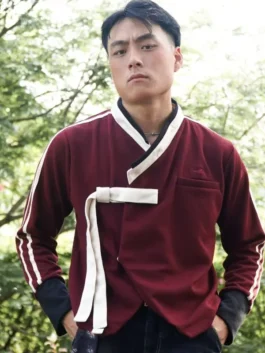 Front model view of the red Hwarang Hanbok Jacket from YBSY showcasing the full fit of this bold Hwarang warrior inspired Hanbok design piece