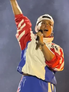 Multicolor Yankee Stadium Alicia Keys Jacket spotted on Alicia Keys at Yankee Stadium celebrating her iconic New York City cultural moment