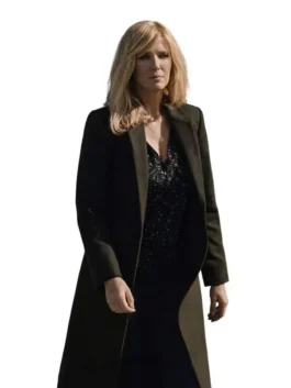 Full front view of the green wool Yellowstone S04 Beth Dutton Wool Coat highlighting two functional outside pockets.