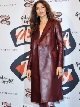 Front view of the premium burgundy real leather trench coat inspired by Zendaya, featuring a classic lapel collar and button closure.