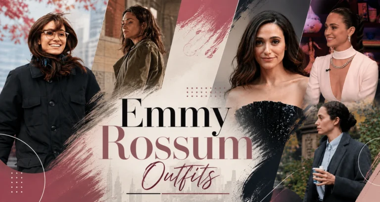 Emmy Rossum outfits banner with pink modern accents showing her coats, dresses, and elegant fashion looks in a stylish collage
