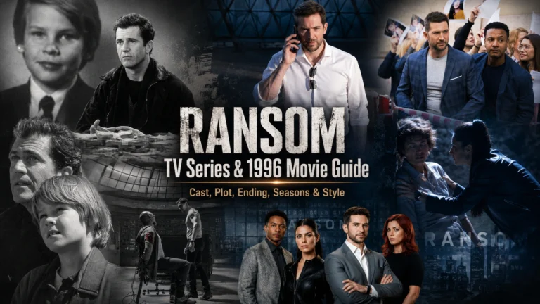 Ransom TV series and 1996 movie guide banner featuring key cast members, kidnapping scenes, Eric Beaumont and Tom Mullen.
