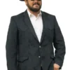 Full front profile of the black suiting Rip Wheeler Dutton Ranch Black Blazer highlighting four functional storage pockets.