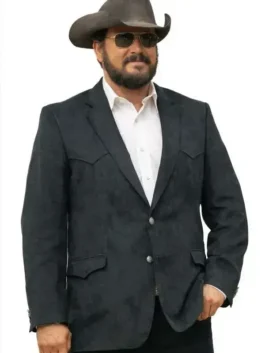 Full front profile of the black suiting Rip Wheeler Dutton Ranch Black Blazer highlighting four functional storage pockets.