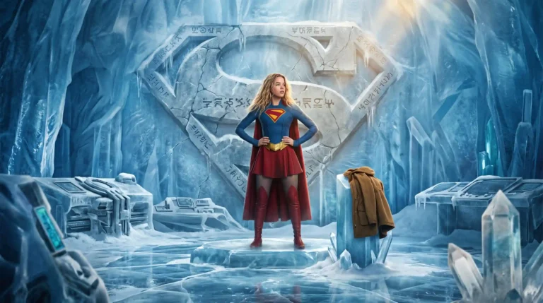 Supergirl 2026 costume inspired image with blue suit, red cape, gold belt, and frozen Kryptonian cave background