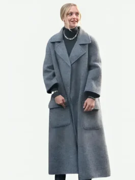 Front view of the grey wool Amanda Seyfried NYC Wool Trench Coat featuring a lapel collar and open style front closure.