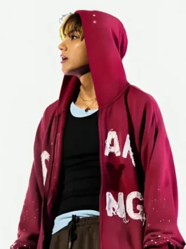 Red fleece BTS Arirang NY Hoodie featuring a hooded collar and front zipper closure.