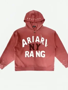 Front view of the red fleece BTS Arirang NY Hoodie highlighting the zip front and rib knitted trim.