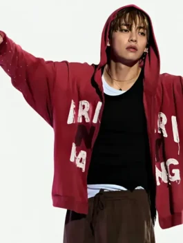 Red fleece BTS Arirang NY Hoodie showcasing full length sleeves and flexible rib knitted cuffs.