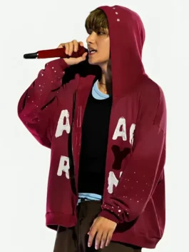 Red fleece BTS Arirang NY Hoodie detailing a hooded collar and full zip closure.