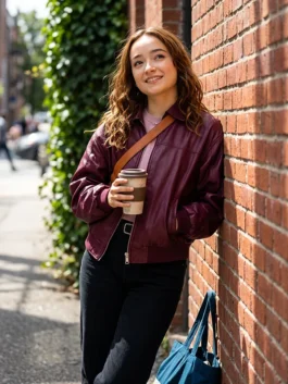 Maroon real leather Below Ruby Stokes Maroon Leather Jacket featuring a shirt style collar and zipper closure.