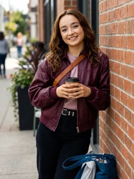 Maroon real leather Below Ruby Stokes Maroon Leather Jacket detailing the shirt collar and rich maroon leather finish.