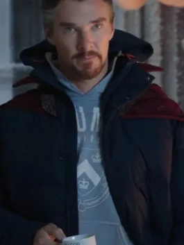 Blue parachute Spider-Man Benedict Cumberbatch Jacket featuring a stand up collar and front zipper closure.