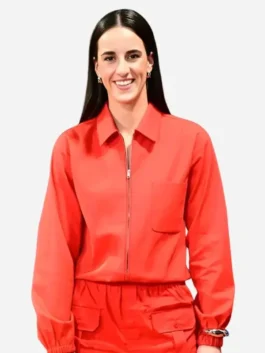 Red cotton Caitlin Clark All-Star Game Red Jacket featuring a shirt style collar and front zipper closure.