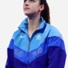 Blue polyester Caitlin Clark All-Star Game Windrunner Jacket featuring a stand up collar and front zipper closure.