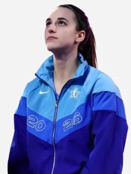 Blue polyester Caitlin Clark All-Star Game Windrunner Jacket featuring a stand up collar and front zipper closure.