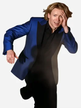 Blue suiting fabric Clayface Tom Rhys Harries Blazer featuring a notch lapel collar and button closure.