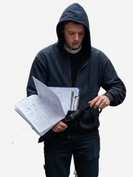 Black fleece fabric Clayface Tom Rhys Harries Hoodie showcasing full length sleeves and rib knitted cuffs.
