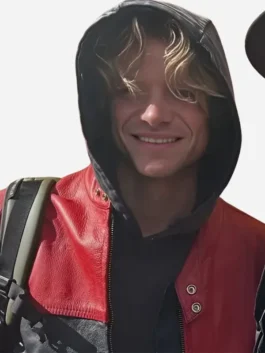 Red and black real leather Clayface Tom Rhys Harries Leather Jacket featuring an erect collar and zipper closure.