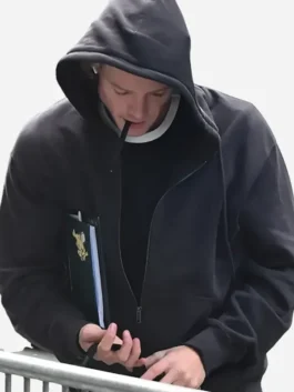 Close-up of the black fleece fabric Clayface Tom Rhys Harries Hoodie detailing the hooded collar and zipper front.