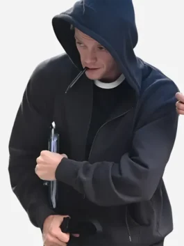 Black fleece fabric Clayface Tom Rhys Harries Hoodie highlighting the cozy front kangaroo pockets.