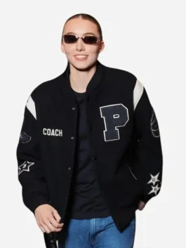 Front view of the black wool Paige Bueckers Black Varsity Jacket featuring a rib knitted collar and front button closure.