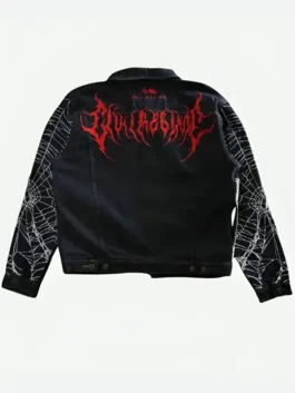 Black denim Spider-Man Webs Concrete Denim Jacket featuring a shirt style collar and front button closure.