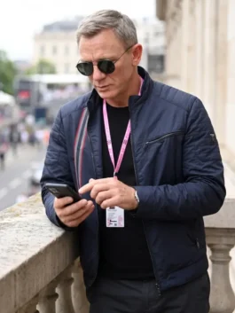 Navy blue cotton No Time To Die Daniel Craig Blue Jacket featuring a stand up collar and front zipper closure.