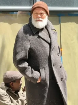 Grey wool Daredevil Born Again Wilson Fisk Grey Coat detailing the button front closure and wide lapel collar.